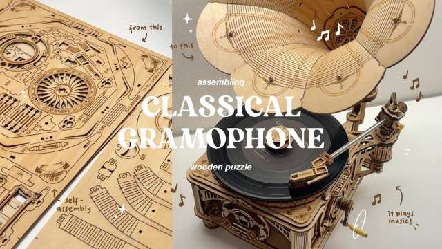 assembling ROKR classic gramophone wooden puzzle ⚙️💽🎶