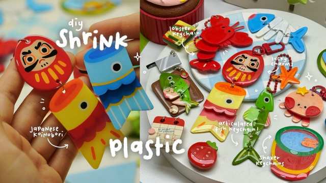 how i make articulated and wiggly shrink plastic keychains🎏🦞🍋
