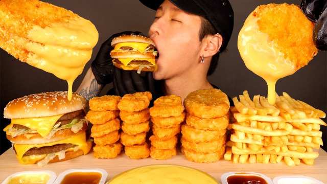 ASMR MUKBANG DOUBLE BIG MAC & CHEESY HASH BROWNS & CHICKEN NUGGETS
