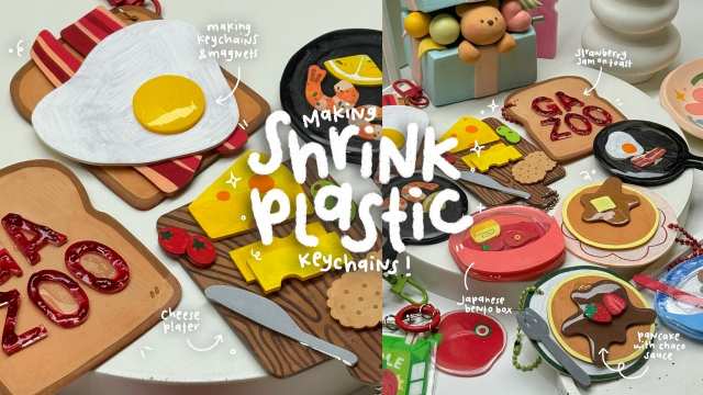 how i make shrink plastic keychains and magnets🧀🍳🍓using acrylic markers